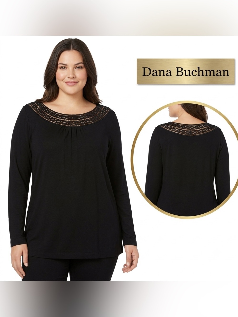 Dana Buchman Black Lattice Ribbon Neck Line Long Sleeve Stretch Blouse Large
